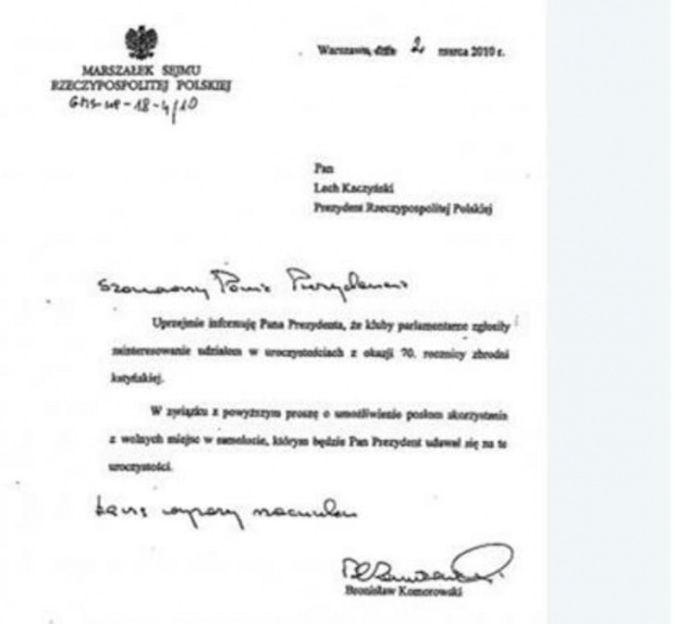 Podrobiony podpis B. Komorowskiego na dokumencie z 2 marca 2010 roku?