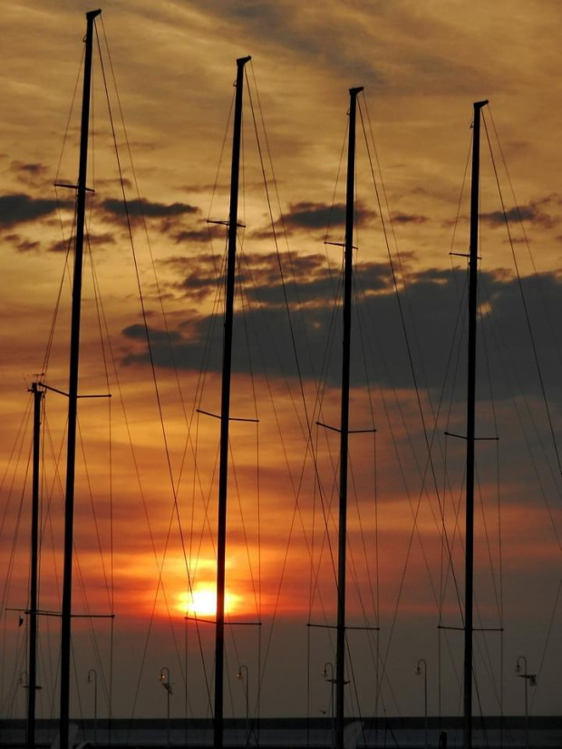 Jachty nie harfy, wanty nie struny, ale jak nie wiatr, to słońce na nich zagrać moż #jacht #port #przystań #marina #maszt #wanta #sztag #słońce #zachód #wschód