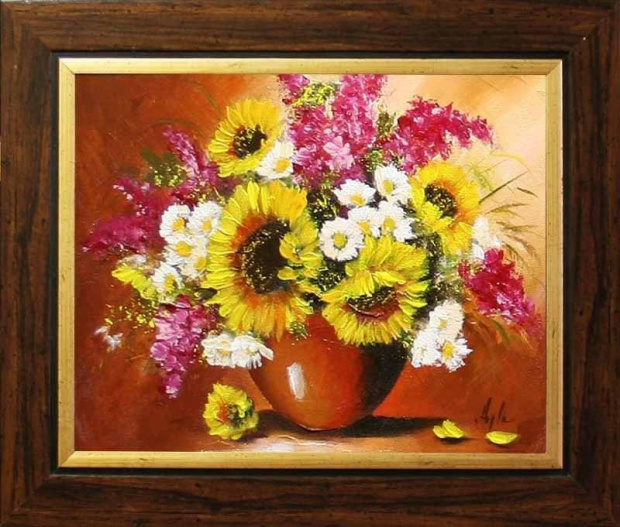 Sonnenblumen-32x27cm Ölgemälde Handgemalt Leinwand Rahmen-Sygniert.G05758, cena 32,99 euro. wysylka 0 euro. malowany recznie